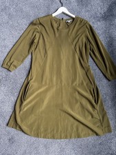 Cos Shift Dress Uk Medium Olive Green 3/4 Sleeve Cotton Knit Sections 2 Pockets