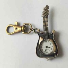 Classic Vintage Guitar Pocket Watch Creative Bronze Keychain Novelty Quartz Gift