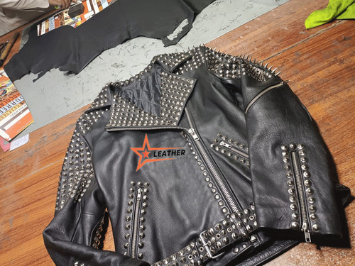 Studded leather jacket with - jacket,