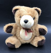 Vintage PMS Brown Cuddly Teddy Bear With Green Brown Bow Plush Soft Toy