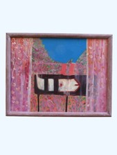 Vibrant original abstract oil painting framed BLUE COCKEREL by David Holt (1994)