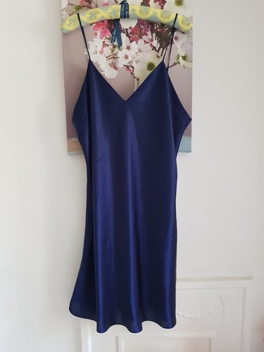 Navy blue satin slip dress - blue, dress,