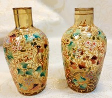 2 Antique Art Nouveau Moser Style Enameled Amber Glass Perfume Bottles C1900 GC