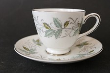 Tuscan Fine Bone China Cup & Saucer – Rondeley Pattern –Silver Grey Green Leaves