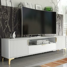 TV Unit 200cm | White Cabinet with Milled Fronts | Loft Vintage TV Stand