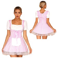 UK Womens Halloween Cosplay Costume Ruffle Apron Puff Sleeve Plaid Maid  Dress