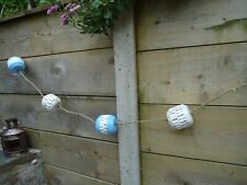 Wooden Fishing Boat Net Floats 4 On Rope Blue & White Nautical Buoys Sea Trawler