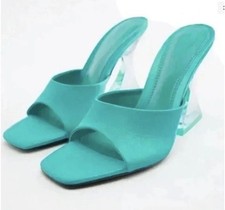 ZARA Turquoise Lucite Acrylic Heel Sandal Size 38 Uk 5 Bloggers Fave
