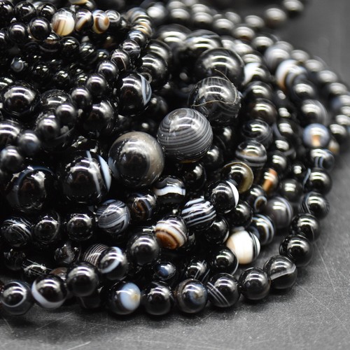Banded black agate round beads - black,