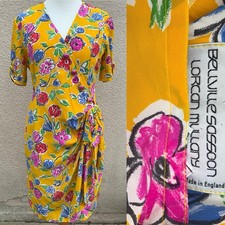 BELLVILLE SASSOON VINTAGE 80s Designer SILK YELLOW FLORAL PRINT WRAP DRESS 12 14