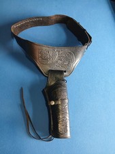 Real Tooled Black Leather Cow Boy Belt And Holster .