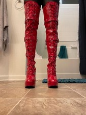 Red Biker Patent Leather LaceUp Sexy Block Stiletto Heel Knee Thigh High Boots 7