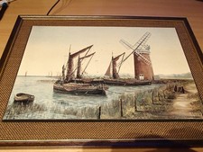 Vintage Kevin Platt framed picture onboard with a hessian backing of Horsey Mill