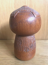 Japanese Kokeshi doll by Takeda Masashi, flowers, vintage, wooden, signed, H13cm