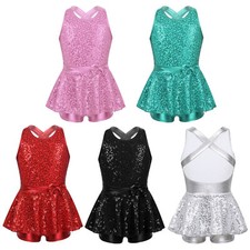UK Girls Sequined Jazz Tap Dress Cross Back Ballet Modern Dancewear Costumes