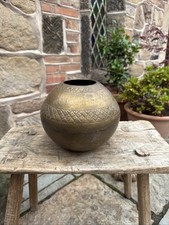 Brass Persian Pot Hammered Detail Planter Vase For Flowers Rustic Patina