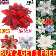 10X Large 16cm Christmas Poinsettia Glitter Flower Tree Hanging Party Xmas Decor