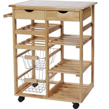 Kitchen Trolley Pine Tile Top Drawers Shelves Wine Rack on Wheels No Baskets