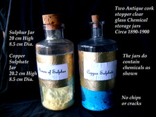 2x Antique Chemist`s glass storage bottles & cork stopper sulphur & Cu SO4