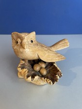 Hand Carved Owl Bird Nest with Eggs Parasite Wood Figurine Ornament Sculpture