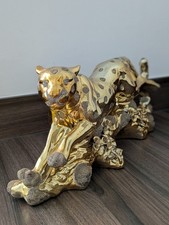 Large Leopard Jaguar Ornament Ceramic Porcelain Gold Tone Glitter Panther 