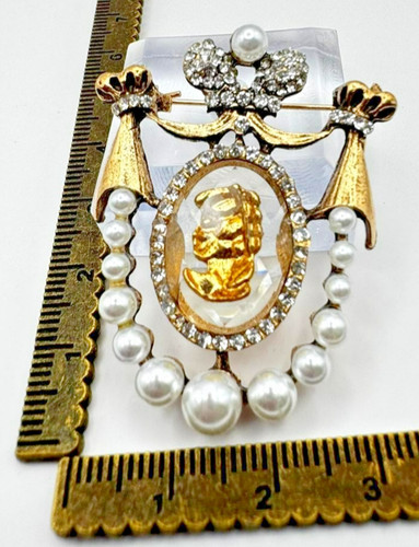 Gold crown cameo brooch pin - cameo,