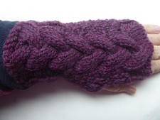 Handknit cable aran fingerless gloves in Stylecraft soft wool mix in Mulberry