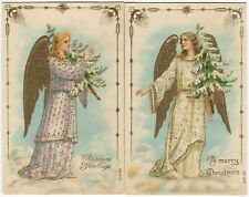 2 CARDS - ANGEL, CHRISTMAS TREE, CHRISMAS GREETINGS - Gilt Embossed Postcard