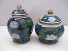 Vintage Oriental Lidded Ginger Jars Blue Green Hand Painted Handmade Certificate