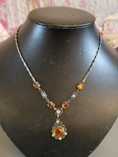 Antique Art Deco 9ct Gold Sterling Silver Citrine Filigree Necklace Pendant