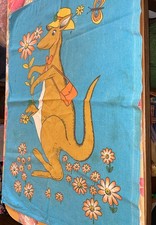 Vintage retro tea towel anthropomorphic kangaroo, baby & flowers 1970’s 