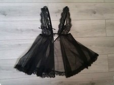 BN Ann Summers Black Lace/Mesh Peephole Babydoll Top Size Mdm 12-14 Leather Trim