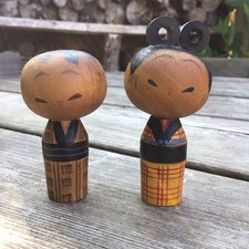 Old Vintage Japanese Carved Wood Hand Painted Pair Of Kokeshi Dolls - One AF