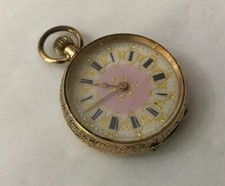 Antique Vintage Ladies 14ct 14k  Gold Engraved  Fob Pink Pocket Watch Working