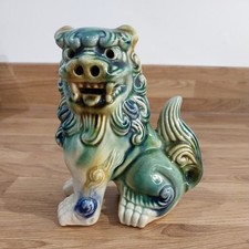 Chinese Foo Dog-Fu Lion Green Blue Ceramic Asian Feng Shu 14cm Tall Repaired