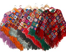 Handknitted Patchwork Wool Colourful Floral Crochet Poncho Wrap:Clearance