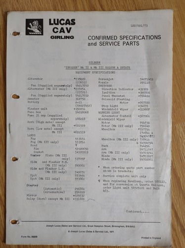 Gilbern lucas parts - list, 1973
