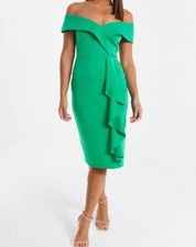 RRP £35, SIZES 8-18, NEW QUIZ Green Scuba Bardot Frill Midi Dress