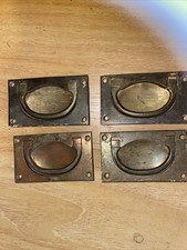Antique set 4 brass inset flush drawer handles chest box spares parts
