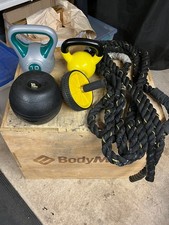 Plyometric jump box, kettlebells, slam ball, ab wheel and battle rope