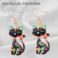 Multicoloured Pattern  Cat / Kitten Gold Tone Enamel Earrings