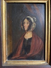 Antique Small Victorian Portrait of Lady Oil on board 19th Cent mahogany frame