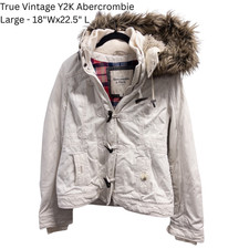 Vintage Y2K Abercrombie Fitch Toggle Jacket Fur Hood Plaid Lined Womens L White