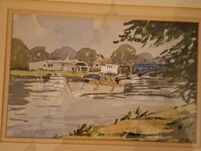 Water Colour Painting Cabin Cruser Boat On River Severn Original