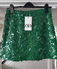 ZARA Emerald Green Floral Sequinned Sequin Mini Skirt Size M 2527/147