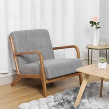 Scandinavian Armchair Linen Fabric Lounge Chair Soild Wooden Frame Padded Sofa