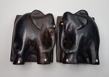 PAIR OF HEAVY EBONY WOOD HAND-CARVED WOODEN ELEPHANT BOOKENDS ANTIQUE 18cm TALL