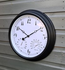 Garden Station Wall Clock with Thermomter Indoor Outdoor Arabic 38cm Black