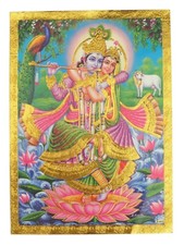 Gold Foil Embossed Hindu God Picture * RADHA KRISHNA* Approx. 13.3 x 18.4 cm