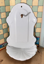 Vtg Porcelain Enamel Hanging Soap Dish w Cup Hook, Wall Mounted Shell Basin